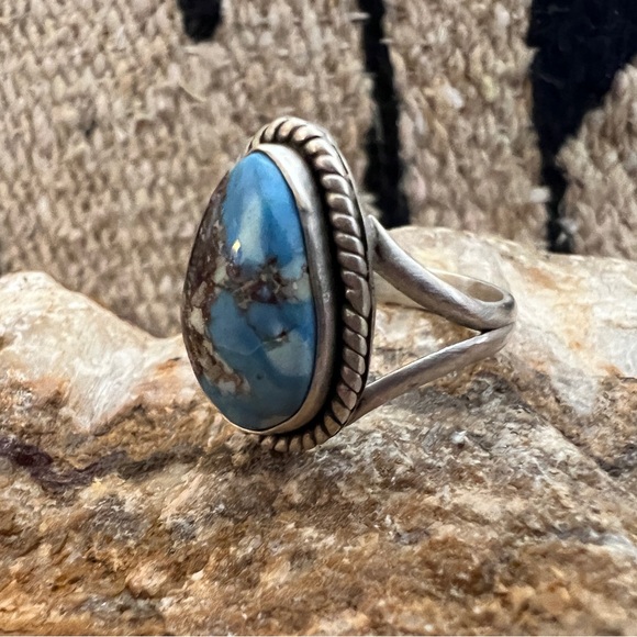 ❤️ Golden Hills Turquoise Brushed 925 Southwestern Navajo Ring SZ 8 Matte Stone - Picture 4 of 15